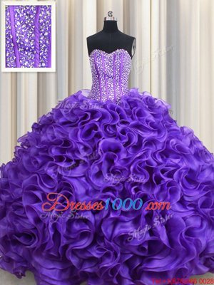 Customized Visible Boning Purple Ball Gowns Beading and Ruffles Quinceanera Dress Lace Up Organza Sleeveless Floor Length