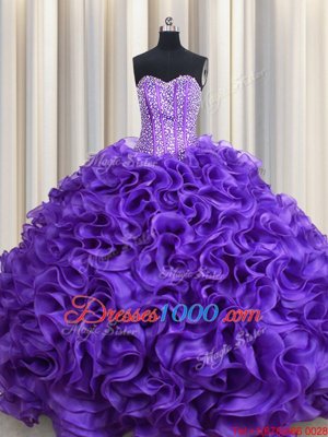 Customized Visible Boning Purple Ball Gowns Beading and Ruffles Quinceanera Dress Lace Up Organza Sleeveless Floor Length