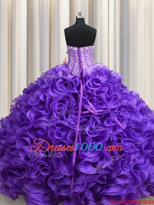 Customized Visible Boning Purple Ball Gowns Beading and Ruffles Quinceanera Dress Lace Up Organza Sleeveless Floor Length