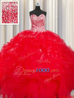 Pretty Visible Boning Beaded Bodice Sweetheart Sleeveless Organza Quinceanera Dress Beading and Ruffles Lace Up