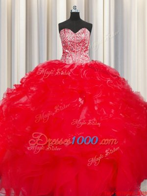 Pretty Visible Boning Beaded Bodice Sweetheart Sleeveless Organza Quinceanera Dress Beading and Ruffles Lace Up