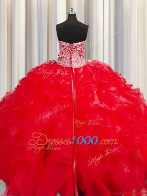 Pretty Visible Boning Beaded Bodice Sweetheart Sleeveless Organza Quinceanera Dress Beading and Ruffles Lace Up