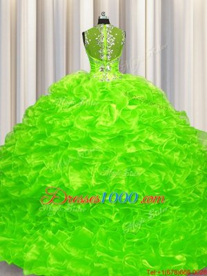 Pick Ups Zipper Up See Through Back Ball Gowns Organza Sweetheart Sleeveless Beading With Train Zipper Vestidos de Quinceanera Brush Train