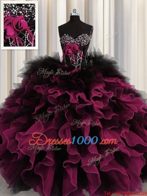 Beading and Ruffles Quince Ball Gowns Red And Black Lace Up Sleeveless Floor Length