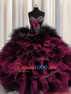 Beading and Ruffles Quince Ball Gowns Red And Black Lace Up Sleeveless Floor Length