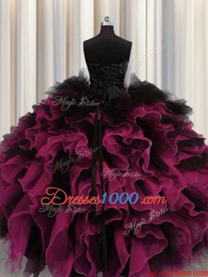 Beading and Ruffles Quince Ball Gowns Red And Black Lace Up Sleeveless Floor Length