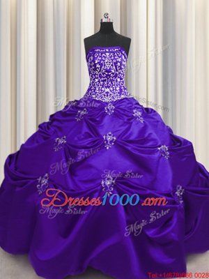 Glorious Purple Ball Gowns Beading and Appliques and Embroidery Quinceanera Dresses Lace Up Taffeta Sleeveless Floor Length