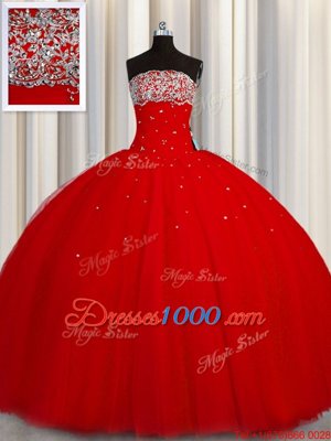 Puffy Skirt Red Ball Gowns Organza Strapless Sleeveless Beading and Sequins Floor Length Lace Up Quinceanera Gown