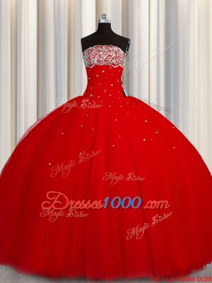 Puffy Skirt Red Ball Gowns Organza Strapless Sleeveless Beading and Sequins Floor Length Lace Up Quinceanera Gown