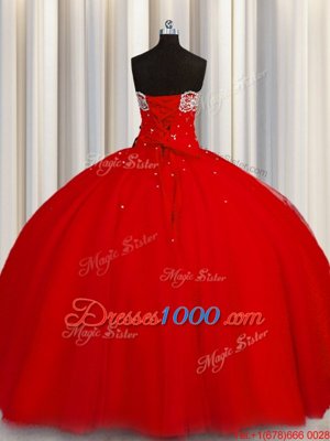 Puffy Skirt Red Ball Gowns Organza Strapless Sleeveless Beading and Sequins Floor Length Lace Up Quinceanera Gown