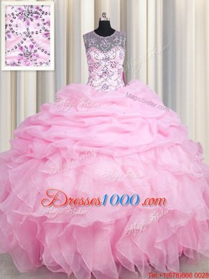 See Through Floor Length Lace Up Quinceanera Gown Rose Pink and In for Military Ball and Sweet 16 and Quinceanera with Beading and Ruffles and Pick Ups