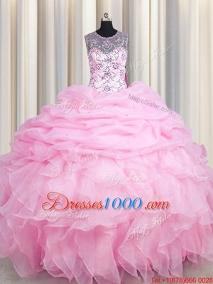 See Through Floor Length Lace Up Quinceanera Gown Rose Pink and In for Military Ball and Sweet 16 and Quinceanera with Beading and Ruffles and Pick Ups