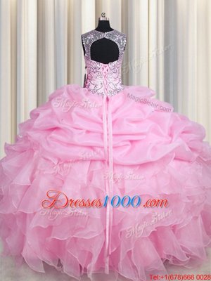 See Through Floor Length Lace Up Quinceanera Gown Rose Pink and In for Military Ball and Sweet 16 and Quinceanera with Beading and Ruffles and Pick Ups