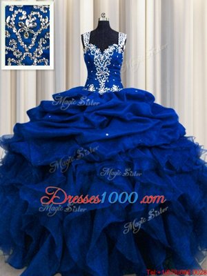 Zipple Up See Through Back Royal Blue Zipper Straps Beading and Ruffles and Sequins and Pick Ups Quince Ball Gowns Organza Sleeveless