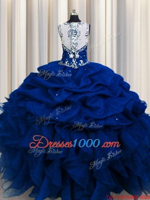 Zipple Up See Through Back Royal Blue Zipper Straps Beading and Ruffles and Sequins and Pick Ups Quince Ball Gowns Organza Sleeveless