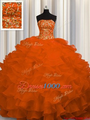 Popular Beading and Ruffles Quinceanera Dress Rust Red Lace Up Sleeveless Sweep Train