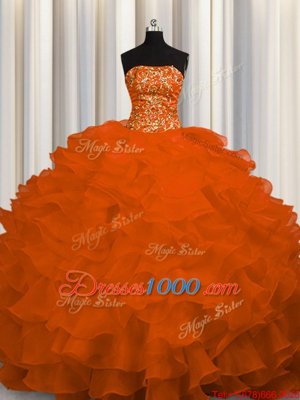 Popular Beading and Ruffles Quinceanera Dress Rust Red Lace Up Sleeveless Sweep Train