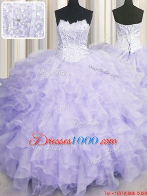 Pretty Lavender Ball Gowns Organza Scalloped Sleeveless Beading and Ruffles Floor Length Lace Up Sweet 16 Dresses