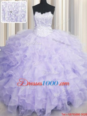 Pretty Lavender Ball Gowns Organza Scalloped Sleeveless Beading and Ruffles Floor Length Lace Up Sweet 16 Dresses