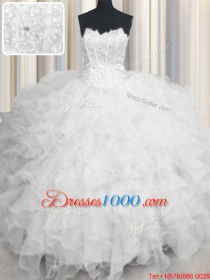 Adorable Scalloped White Sleeveless Organza Lace Up Sweet 16 Dress for Military Ball and Sweet 16 and Quinceanera