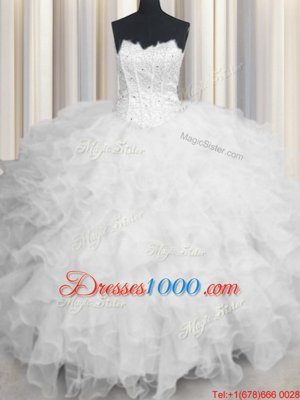 Adorable Scalloped White Sleeveless Organza Lace Up Sweet 16 Dress for Military Ball and Sweet 16 and Quinceanera