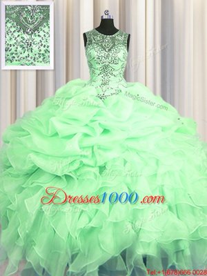 Most Popular Scoop See Through Apple Green Sleeveless Floor Length Beading and Ruffles and Pick Ups Lace Up Quinceanera Gown