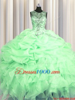 Most Popular Scoop See Through Apple Green Sleeveless Floor Length Beading and Ruffles and Pick Ups Lace Up Quinceanera Gown