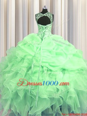 Most Popular Scoop See Through Apple Green Sleeveless Floor Length Beading and Ruffles and Pick Ups Lace Up Quinceanera Gown