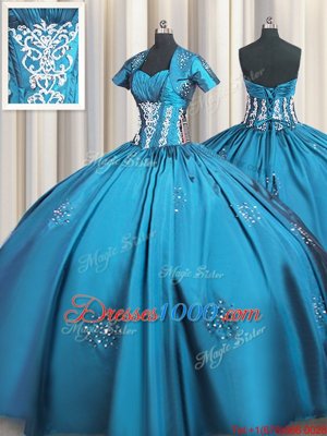 Hot Selling Teal Short Sleeves Beading and Appliques and Ruching Floor Length 15 Quinceanera Dress