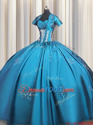 Hot Selling Teal Short Sleeves Beading and Appliques and Ruching Floor Length 15 Quinceanera Dress