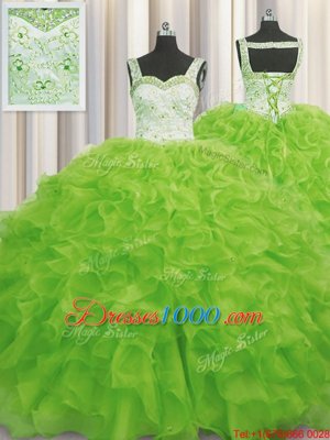On Sale Visible Boning Bling-bling Aqua Blue Lace Up Quinceanera Gowns Beading and Ruffles Sleeveless With Brush Train