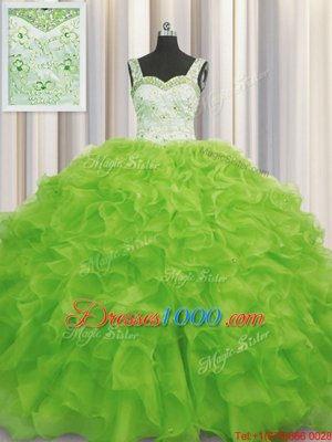 Yellow Green Ball Gowns Organza Straps Sleeveless Beading and Ruffles Floor Length Lace Up Quince Ball Gowns