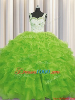 Yellow Green Ball Gowns Organza Straps Sleeveless Beading and Ruffles Floor Length Lace Up Quince Ball Gowns