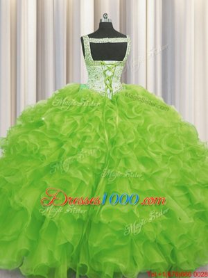 Yellow Green Ball Gowns Organza Straps Sleeveless Beading and Ruffles Floor Length Lace Up Quince Ball Gowns