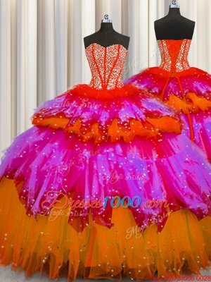 Bling-bling Visible Boning Sleeveless Beading and Ruffles and Ruffled Layers and Sequins Lace Up Vestidos de Quinceanera