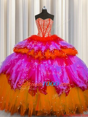 Bling-bling Visible Boning Sleeveless Beading and Ruffles and Ruffled Layers and Sequins Lace Up Vestidos de Quinceanera