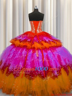 Bling-bling Visible Boning Sleeveless Beading and Ruffles and Ruffled Layers and Sequins Lace Up Vestidos de Quinceanera