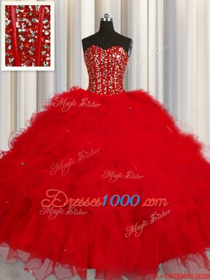Dynamic Visible Boning Ball Gowns Sweet 16 Dress Red Sweetheart Tulle Sleeveless Floor Length Lace Up