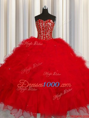 Dynamic Visible Boning Ball Gowns Sweet 16 Dress Red Sweetheart Tulle Sleeveless Floor Length Lace Up