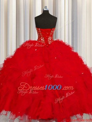 Dynamic Visible Boning Ball Gowns Sweet 16 Dress Red Sweetheart Tulle Sleeveless Floor Length Lace Up