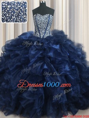 Graceful Visible Boning Bling-bling Beading and Ruffles Quinceanera Gowns Navy Blue Lace Up Sleeveless With Brush Train