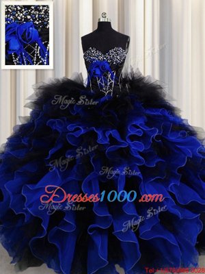 Blue And Black Ball Gowns Organza and Tulle Sweetheart Sleeveless Beading and Ruffles Floor Length Lace Up Quince Ball Gowns