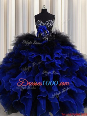 Blue And Black Ball Gowns Organza and Tulle Sweetheart Sleeveless Beading and Ruffles Floor Length Lace Up Quince Ball Gowns