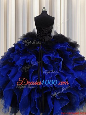 Blue And Black Ball Gowns Organza and Tulle Sweetheart Sleeveless Beading and Ruffles Floor Length Lace Up Quince Ball Gowns