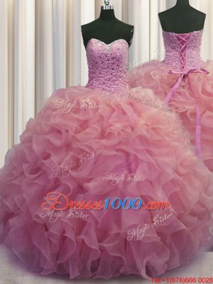 Latest Watermelon Red Ball Gowns Sweetheart Sleeveless Organza Floor Length Lace Up Beading and Ruffles Ball Gown Prom Dress