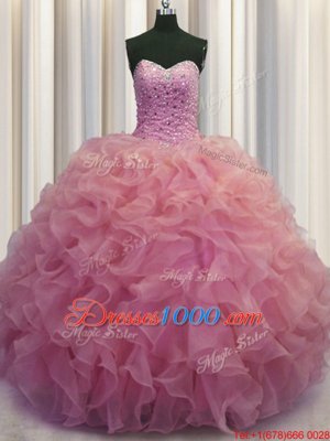 Customized Bling-bling Visible Boning Beading and Ruffles and Ruffled Layers and Sequins Quinceanera Dresses Multi-color Lace Up Sleeveless Floor Length