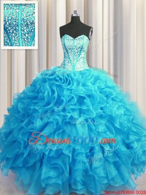 With Train Ball Gowns Sleeveless Aqua Blue Sweet 16 Quinceanera Dress Sweep Train Lace Up