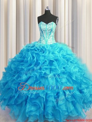 With Train Ball Gowns Sleeveless Aqua Blue Sweet 16 Quinceanera Dress Sweep Train Lace Up