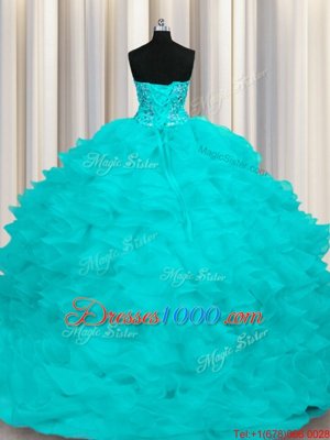 With Train Ball Gowns Sleeveless Aqua Blue Sweet 16 Quinceanera Dress Sweep Train Lace Up