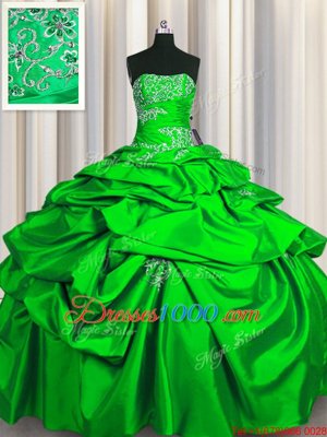 Strapless Sleeveless Sweet 16 Quinceanera Dress Floor Length Appliques and Pick Ups Green Taffeta